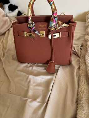 Luxury Terracotta Vegan Leather Top-Handle Satchel with Twilly Accent